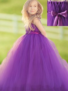 Straps Floor Length Eggplant Purple Flower Girl Dresses for Less Tulle Sleeveless Bowknot and Hand Made Flower
