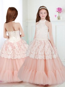 Sumptuous Halter Top Sleeveless Floor Length Beading and Lace Zipper Flower Girl Dresses with White and Peach