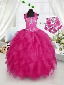 High End Halter Top Floor Length Ball Gowns Sleeveless Fuchsia Pageant Dress for Teens Lace Up