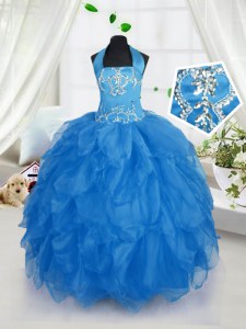 Affordable Halter Top Sleeveless Lace Up Floor Length Appliques and Ruffles Pageant Gowns For Girls