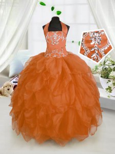 Adorable Orange Red Halter Top Neckline Beading and Ruffles Kids Formal Wear Sleeveless Lace Up