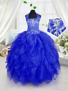 Royal Blue Ball Gowns Organza Halter Top Sleeveless Appliques and Ruffles Floor Length Lace Up Little Girls Pageant Dress Wholesale