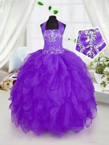 Perfect Halter Top Floor Length Ball Gowns Sleeveless Purple Little Girl Pageant Gowns Lace Up