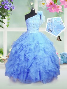 One Shoulder Baby Blue Sleeveless Floor Length Beading and Ruffles Lace Up Pageant Dress Womens
