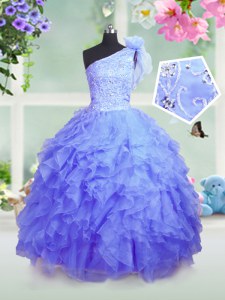 High End One Shoulder Floor Length Lace Up Little Girl Pageant Gowns Blue for Party and Wedding Party with Beading and Ruffles