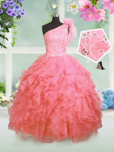 One Shoulder Watermelon Red Sleeveless Organza Lace Up Kids Pageant Dress for Party and Wedding Party