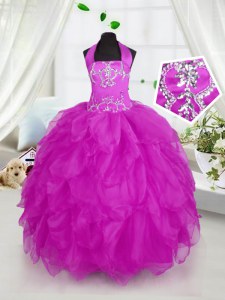 Purple Organza Lace Up Halter Top Sleeveless Floor Length Pageant Dress for Womens Appliques and Ruffles