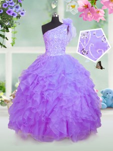 One Shoulder Beading and Ruffles High School Pageant Dress Lavender Lace Up Sleeveless Floor Length