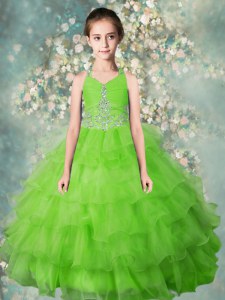 Perfect Ruffled Ball Gowns Little Girl Pageant Dress Apple Green Halter Top Organza Sleeveless Floor Length Zipper