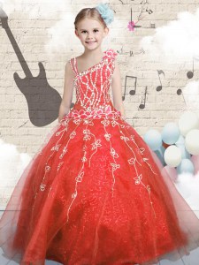 Discount Appliques Child Pageant Dress Orange Red Lace Up Sleeveless Floor Length