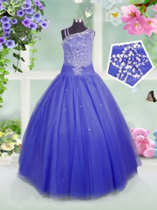 Floor Length Ball Gowns Sleeveless Blue Evening Gowns Side Zipper