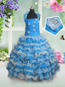 Sweet Baby Blue Ball Gowns Organza Straps Sleeveless Beading and Appliques and Ruffled Layers Floor Length Lace Up Little Girls Pageant Dress Wholesale