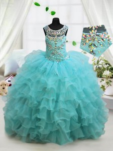 Trendy Ruffled Scoop Sleeveless Lace Up Little Girls Pageant Dress Aqua Blue Organza