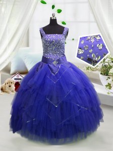 Luxurious Tulle Straps Sleeveless Lace Up Beading and Ruffles Little Girls Pageant Dress in Royal Blue