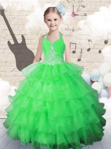 Affordable Halter Top Sleeveless Little Girl Pageant Gowns Floor Length Beading and Ruffled Layers Green Organza