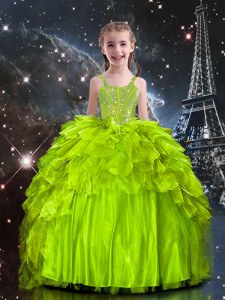 Luxurious Sleeveless Organza Floor Length Lace Up Kids Formal Wear in Yellow Green with Beading and Ruffles