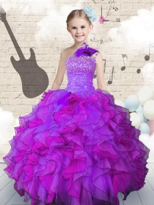 Glorious Purple One Shoulder Neckline Beading and Ruffles Pageant Dress Sleeveless Lace Up