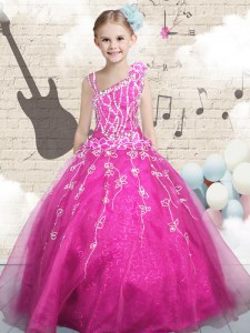 Hot Pink Ball Gowns Tulle Asymmetric Sleeveless Beading Floor Length Lace Up Pageant Gowns