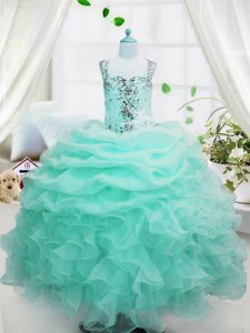 Sleeveless Floor Length Beading and Ruffles and Pick Ups Lace Up Pageant Dress for Teens with Baby Blue