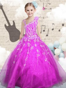 Excellent Fuchsia Ball Gowns Organza Asymmetric Sleeveless Beading and Appliques and Hand Made Flower Floor Length Lace Up Little Girl Pageant Gowns