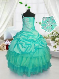 Turquoise Organza Lace Up Little Girls Pageant Dress Wholesale Sleeveless Floor Length Beading and Ruffled Layers and Pick Ups