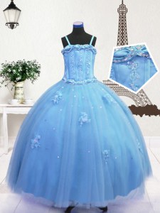 Attractive Baby Blue Zipper Spaghetti Straps Beading and Appliques Pageant Dress Womens Tulle Sleeveless