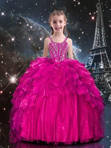 Latest Hot Pink Sleeveless Floor Length Beading and Ruffles Lace Up Evening Gowns