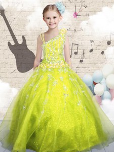 Excellent Yellow Green Sleeveless Beading and Appliques and Hand Made Flower Floor Length Little Girls Pageant Dress Wholesale