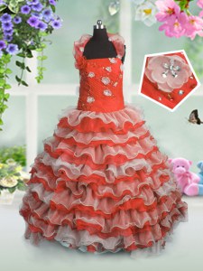 Wonderful Sleeveless Organza Floor Length Lace Up Little Girl Pageant Dress in Coral Red with Beading and Appliques and Ruffled Layers