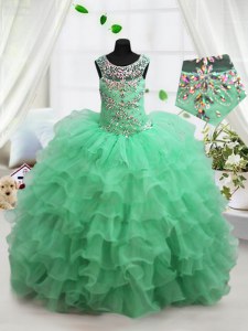 Scoop Floor Length Lace Up Pageant Dress for Teens Apple Green for Party and Wedding Party with Beading and Ruffled Layers