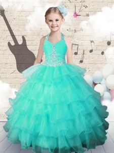 Discount Halter Top Floor Length Turquoise Pageant Dress Womens Organza Sleeveless Beading and Ruffled Layers