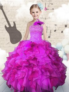 Fuchsia Lace Up One Shoulder Beading and Ruffles Child Pageant Dress Organza Sleeveless