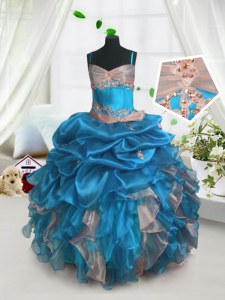 Baby Blue Lace Up Spaghetti Straps Beading and Ruffles and Pick Ups Little Girl Pageant Dress Organza Sleeveless