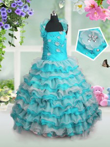 Sleeveless Beading and Appliques and Ruffled Layers Lace Up Pageant Gowns For Girls