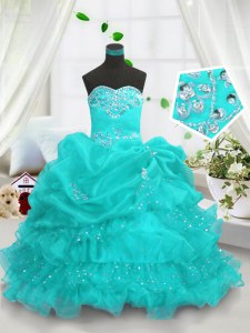 On Sale Aqua Blue Pageant Gowns For Girls Party and Wedding Party and For with Beading and Ruffled Layers and Pick Ups Sweetheart Sleeveless Lace Up
