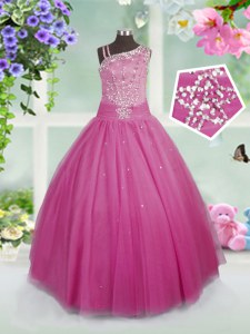 Amazing Floor Length Side Zipper Little Girls Pageant Dress Rose Pink for Party and Wedding Party with Beading