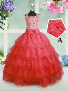 Floor Length Coral Red Little Girl Pageant Dress Straps Sleeveless Zipper