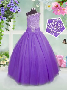 Floor Length Lavender Girls Pageant Dresses Asymmetric Sleeveless Side Zipper
