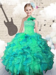 Organza One Shoulder Sleeveless Lace Up Beading and Ruffles Little Girl Pageant Dress in Turquoise