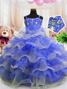 Cheap Floor Length Blue Little Girl Pageant Dress Organza Sleeveless Beading and Ruffled Layers