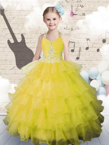 Halter Top Sleeveless Little Girls Pageant Dress Floor Length Beading and Ruffled Layers Yellow Green Organza
