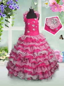 Graceful Hot Pink Ball Gowns Organza Straps Sleeveless Beading and Appliques and Ruffled Layers Floor Length Lace Up Pageant Dress for Girls