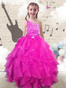 One Shoulder Hot Pink Ball Gowns Beading and Ruffles Pageant Dress for Teens Lace Up Organza Sleeveless Floor Length