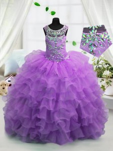 Perfect Scoop Lavender Ball Gowns Beading and Ruffled Layers Pageant Gowns Lace Up Organza Sleeveless Floor Length
