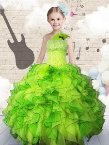 Ball Gowns Organza One Shoulder Sleeveless Beading and Ruffles Floor Length Lace Up Kids Pageant Dress