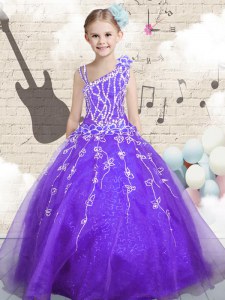 Affordable Organza Asymmetric Sleeveless Lace Up Beading and Appliques and Hand Made Flower Pageant Dress Wholesale in Lilac