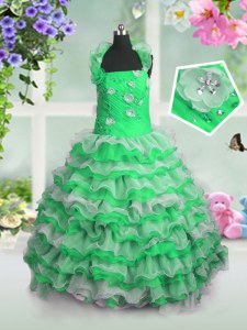 Straps Sleeveless Organza Little Girls Pageant Gowns Beading and Appliques and Ruffled Layers Lace Up