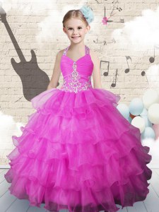Inexpensive Halter Top Ruffled Fuchsia Sleeveless Organza Lace Up Kids Pageant Dress for Party and Wedding Party
