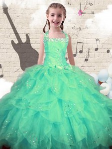 Low Price Halter Top Sleeveless Lace Up Kids Formal Wear Turquoise Organza