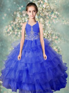 Halter Top Sleeveless Glitz Pageant Dress Floor Length Beading and Ruffled Layers Baby Blue Organza